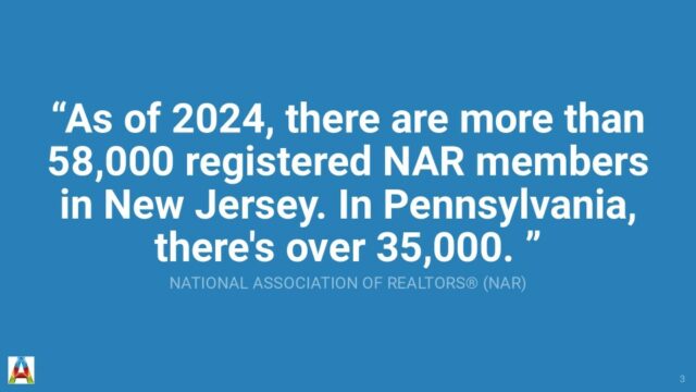 Statistics showing that as of 2024, there are more than 58,000 registered NAR members in New Jersey and over 35,000 in Pennsylvania. Emphasizing the importance of establishing your niche in real estate.