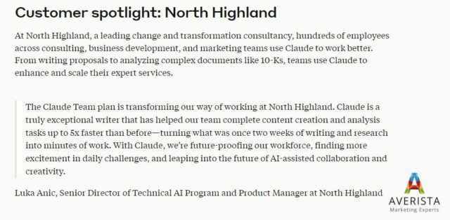 Customer spotlight on North Highland using Claude for AI copy and copywriting, featuring a testimonial from Luka Anic, Senior Director of Technical AI Program and Product Manager at North Highland.