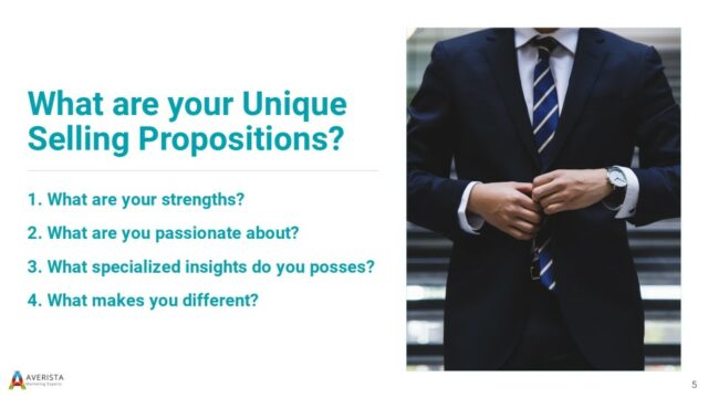 A business professional in a suit with the text "What are your Unique Selling Propositions?" and questions to guide you to establishing your niche in real estate.