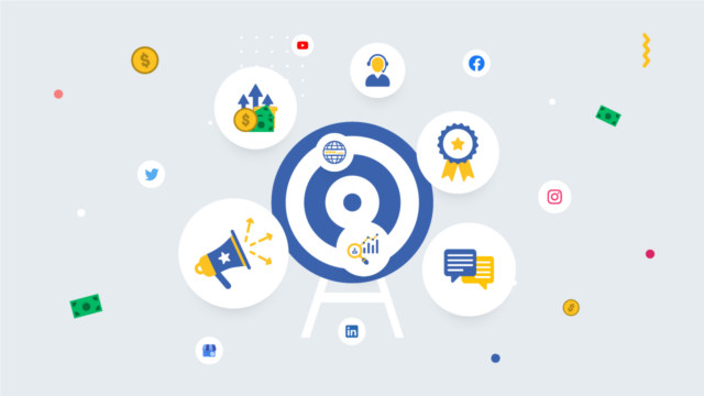 Illustration of social media icons around a target symbolizing the importance of setting clear goals for social media optimization.