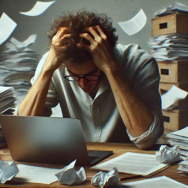 A frustrated writer sitting at a desk with a laptop, papers scattered around, and hands in hair, looking stressed and overwhelmed.