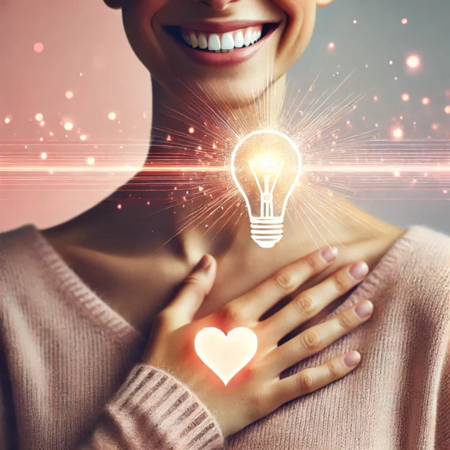 Woman with a heart symbol on her hand, smiling with her hand over her heart, representing building a brand by creating emotional connections.