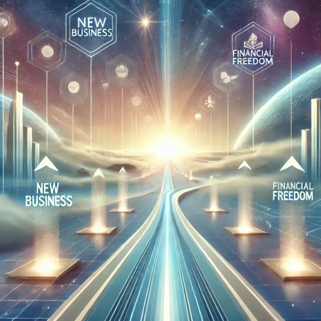 Futuristic digital pathway leading toward a bright horizon, symbolizing building a brand with goals like ‘New Business’ and ‘Financial Freedom.